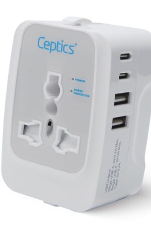 Ceptics Universal Charger Adapter, 5 in 1 Universal Travel Adapter with Type C, 17W Universal Travel Adapter All in One, Universal Travel Essentials with 2 USB A, 2 USB-C 3.4A Universal Adaptor, White
