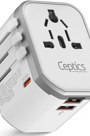 Ceptics 4 in 1 Universal Travel Adapter with Type C - Universal Plug Socket, USB QC 3.0-20W USB-C International Travel Adapter with Lifetime Limited Warranty, Worldwide Travel Adapter, White